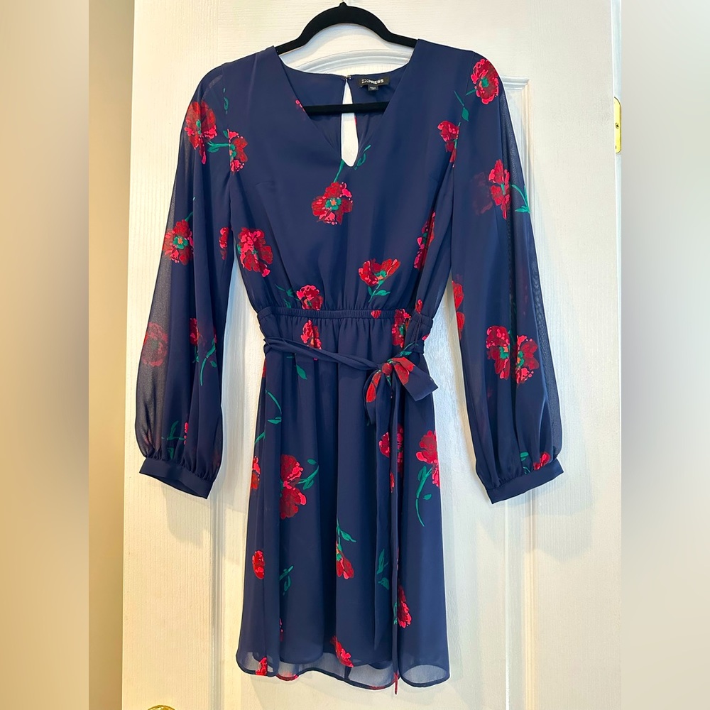 Express Navy Blue Floral Chiffon Dress